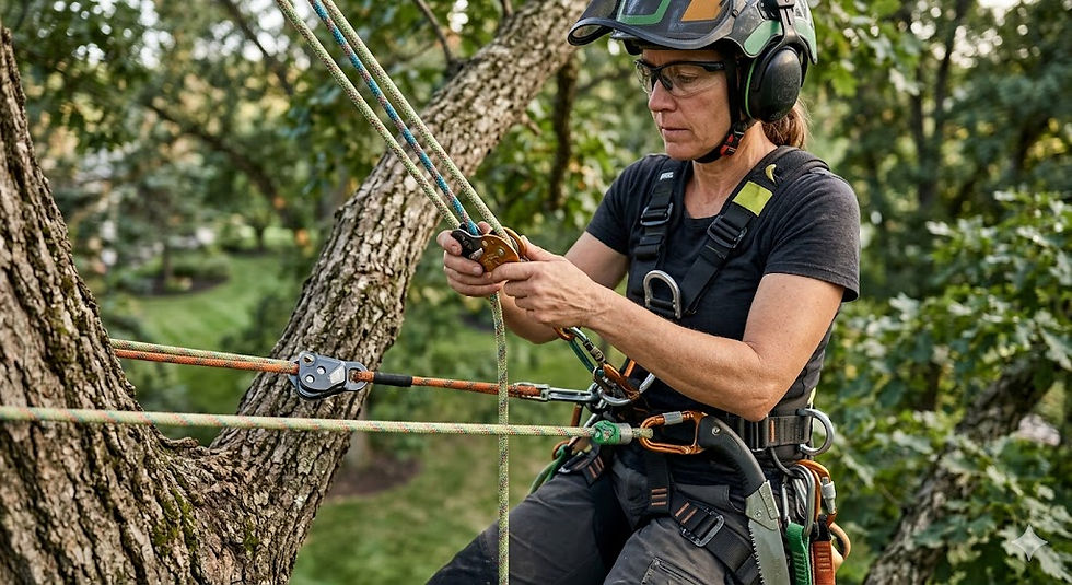 Expert arborist using a Notch Rope Runner Pro and modern climbing harness for precision pruning in a mature Oak tree canopy.