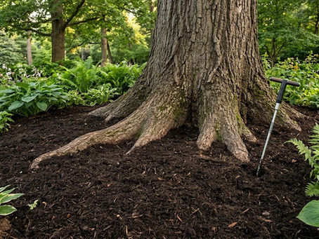 A clinically perfect example of a natural tree root flare transitioning into a properly mulched organic garden bed, demonstrating elite urban soil management.