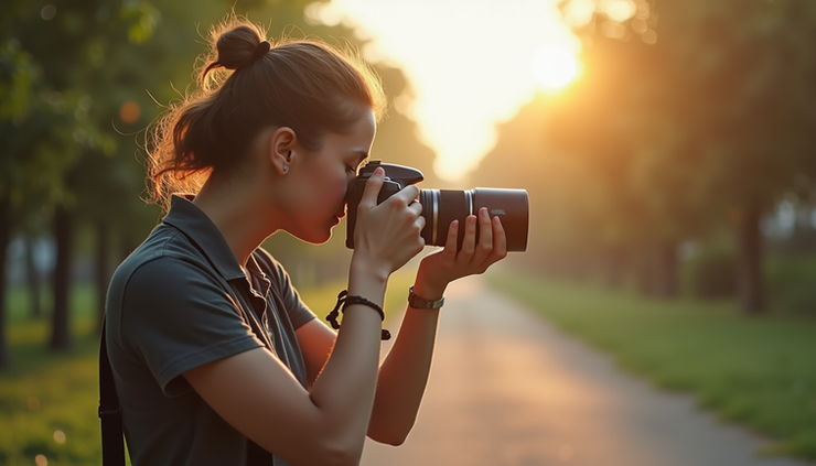 Vue en contre-plongée d’un photographe débutant prenant une photo en extérieur