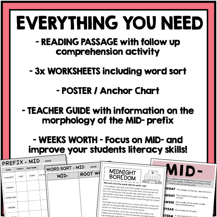 Thumbnail: MID Prefix - Reading Passage + Worksheets + Word Sort + Poster / Ancho