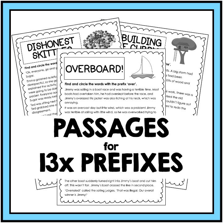 Thumbnail: Prefix Passages + Word Work - RE DIS OVER UN MIS OUT DE MID SUB NON IN PRE SUPER