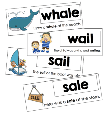A sample of the match cards included in the Homophone Match activity perfect for grammar word work from Sherbert Learning