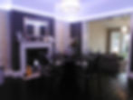Dining room painting and decorating Leeds ideas and inspiration stunning yellow grey feature wallpaper alcoves and dark blue painted chimney breast