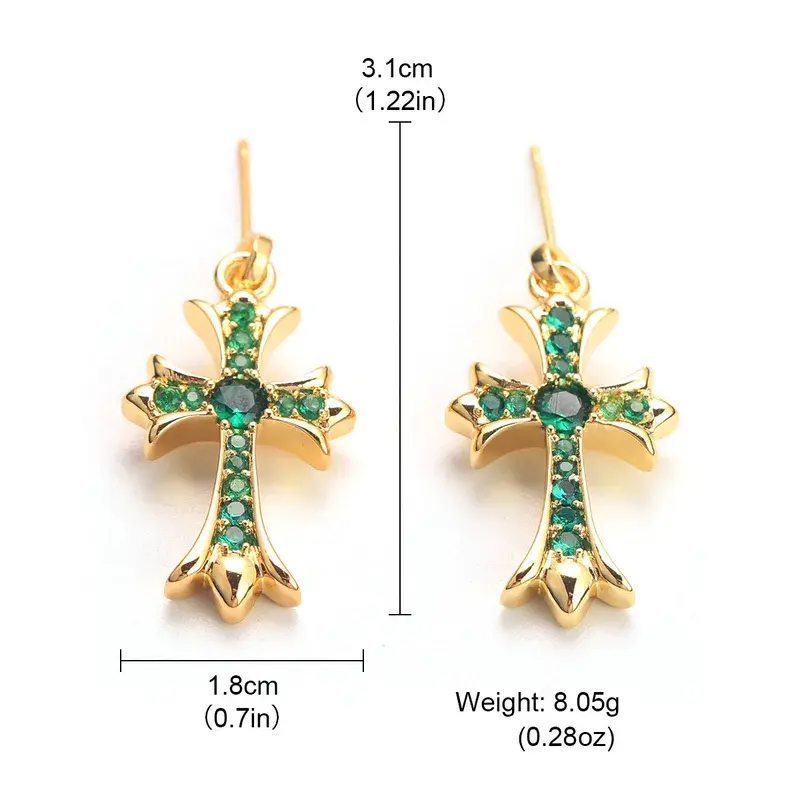 Thumbnail: S925 Silver Needle Copper Embedded Zirconia 18K Gold Plated True Gold Cross Earr