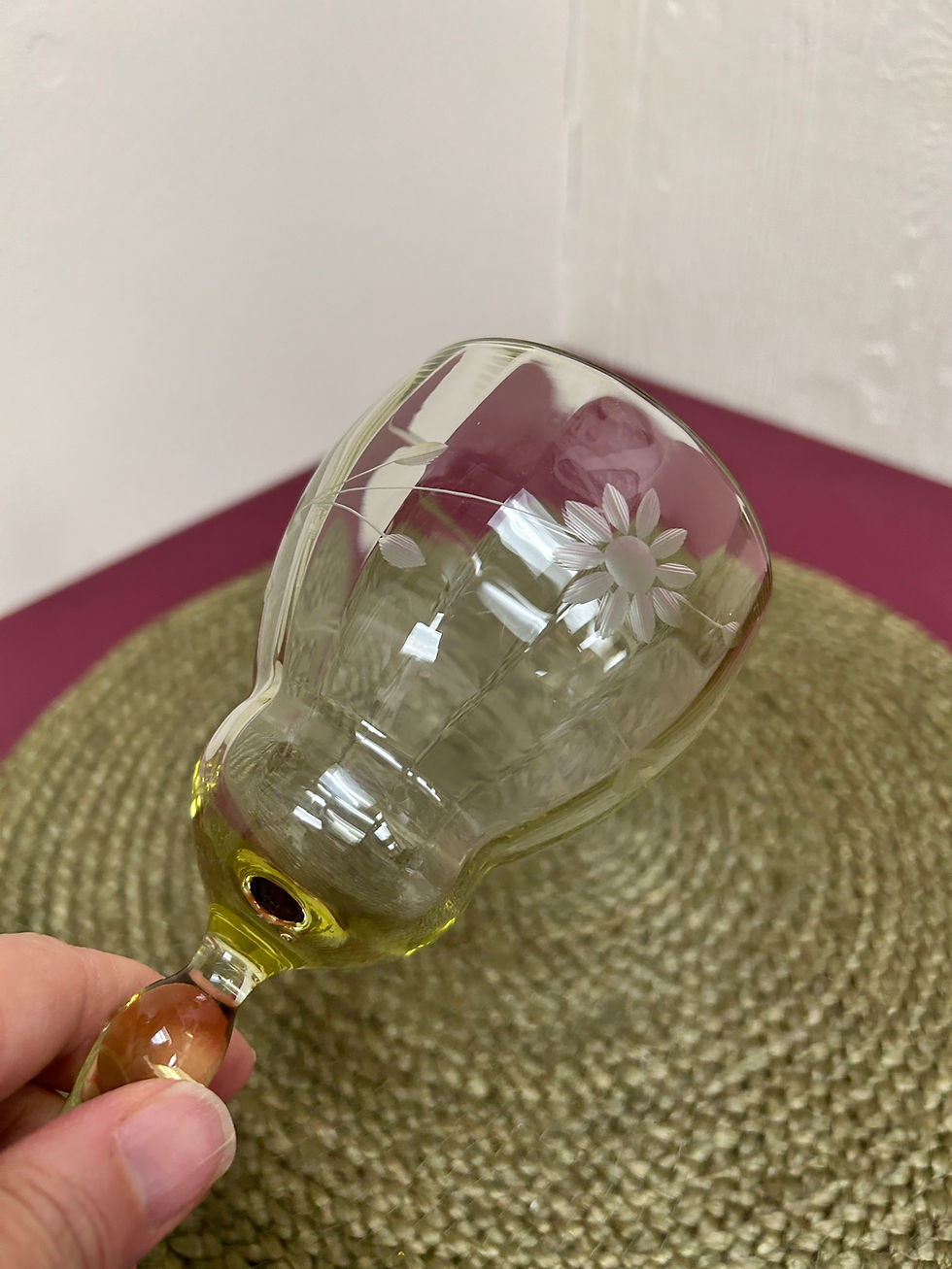 Thumbnail: Set of 2 Topaz Yellow Etched Glass Goblets with Vertical Ribs