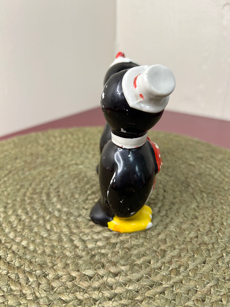 Thumbnail: Vintage Ceramic Penguin Male Female Black White Red Salt and Peppers Shakers 