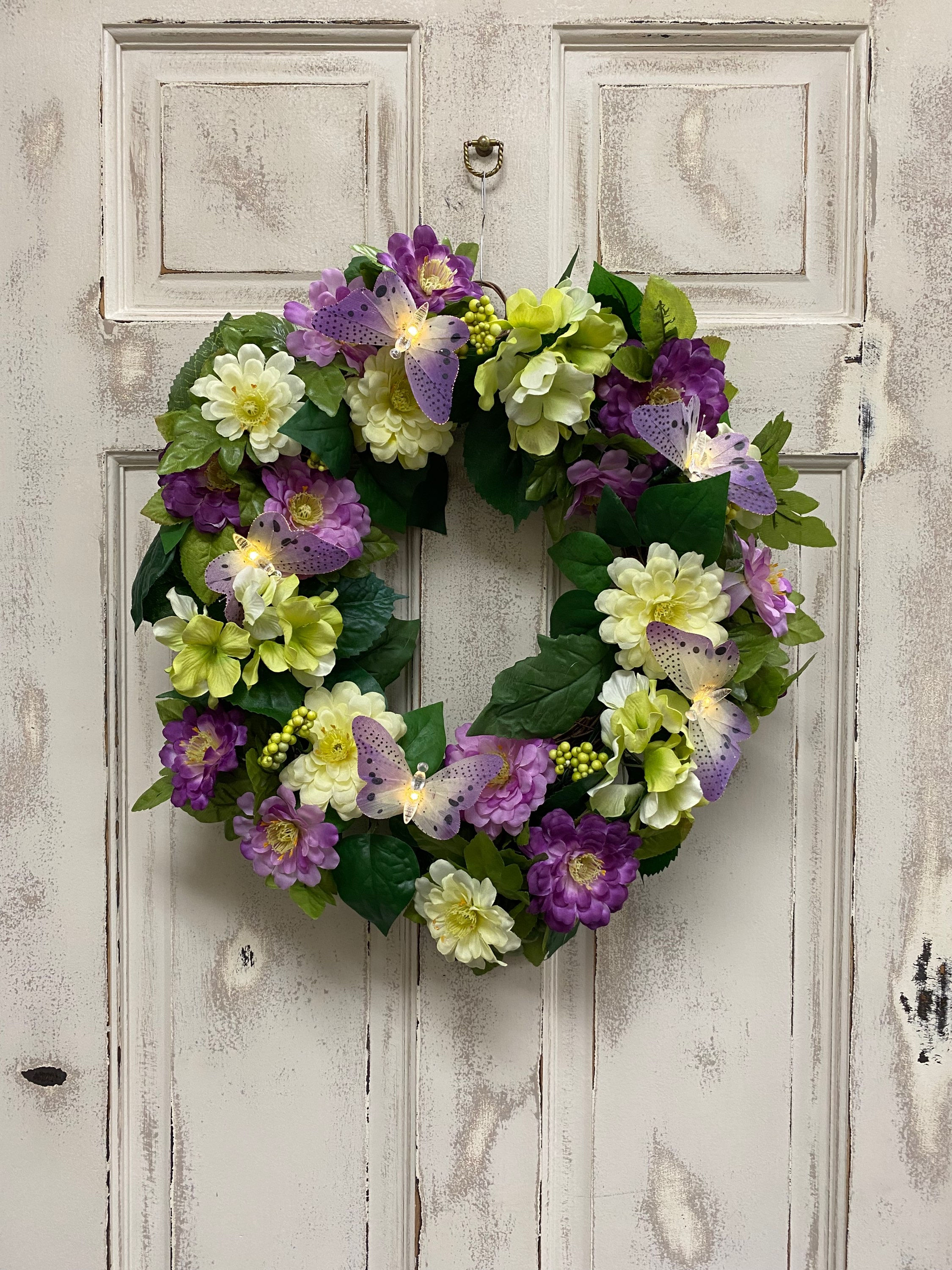 Silk Flower Wreath with Butterflies Battery Operated Lighting 16”