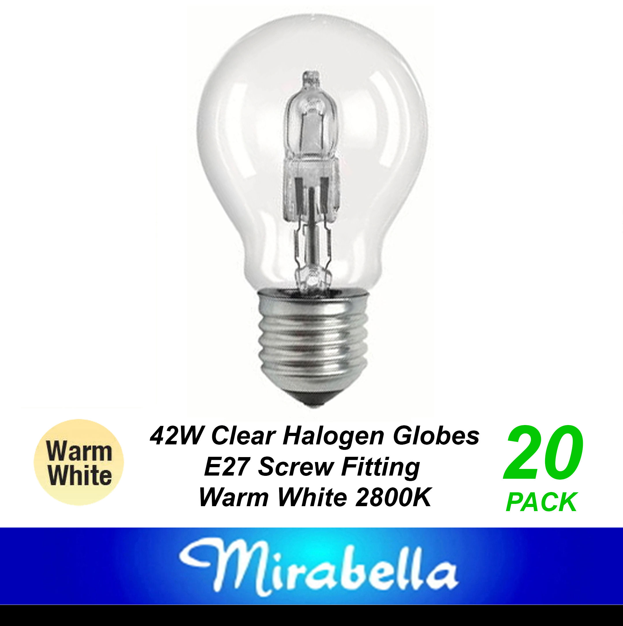 20 x 42W Clear GLS Halogen Light Globes Bulbs Lamps Edison Screw E27 42W=60W