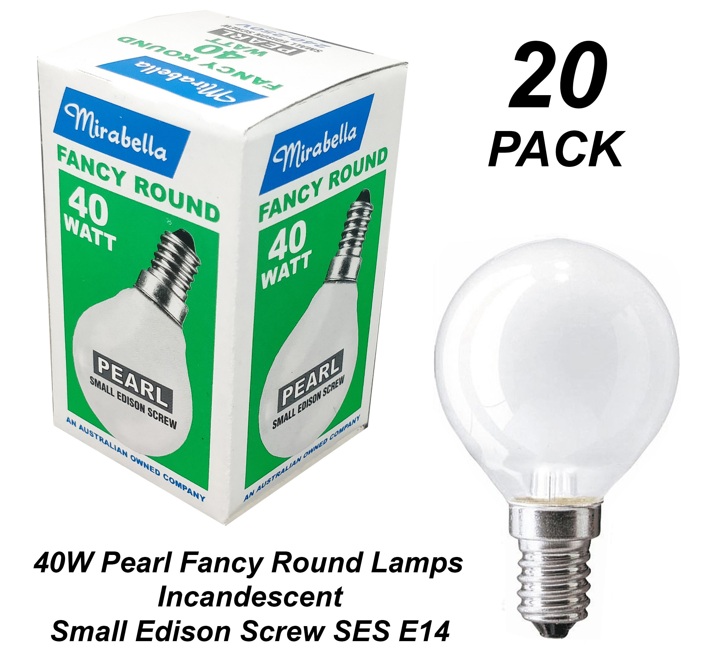 20 x 40W Pearl Fancy Round Light Globes Bulbs Lamps E14 Small Screw Incandescent