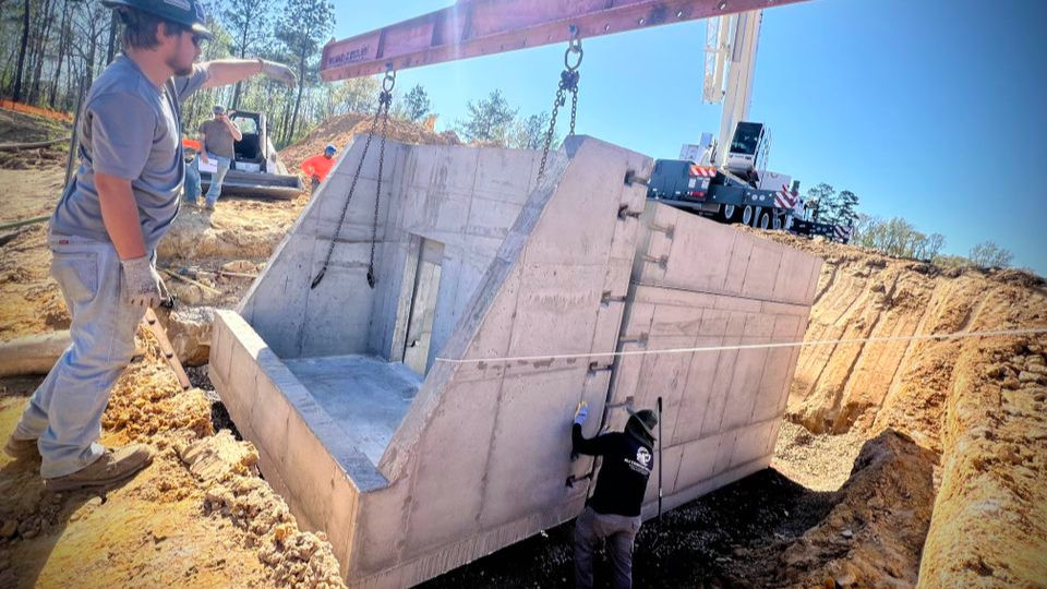 Workers guide a crane lifting a large concrete structure at an excavation site under a clear blue sky. This is to showcase How to Convert Cast-in-Place to Precast