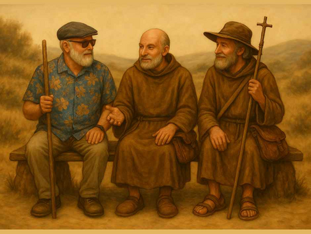 Three men sitting on a bench in a grassy field. One wears a floral shirt and sunglasses, the others in monk robes with staffs, smiling.