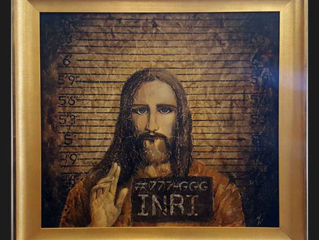 Painting of a long-haired figure in front of a height chart, holding a sign reading "INRI". Background is dark with earthy tones.