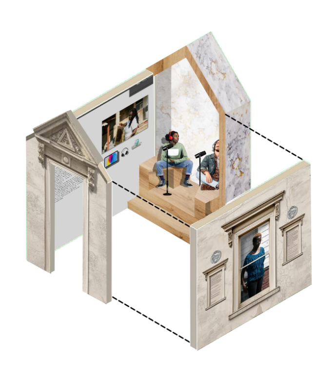 Exploded axonometric view of the exhibit educating the public and collecting stories about environmental justice in Cleveland. The recording booth is made of mycelium donated by Ecovative Design.