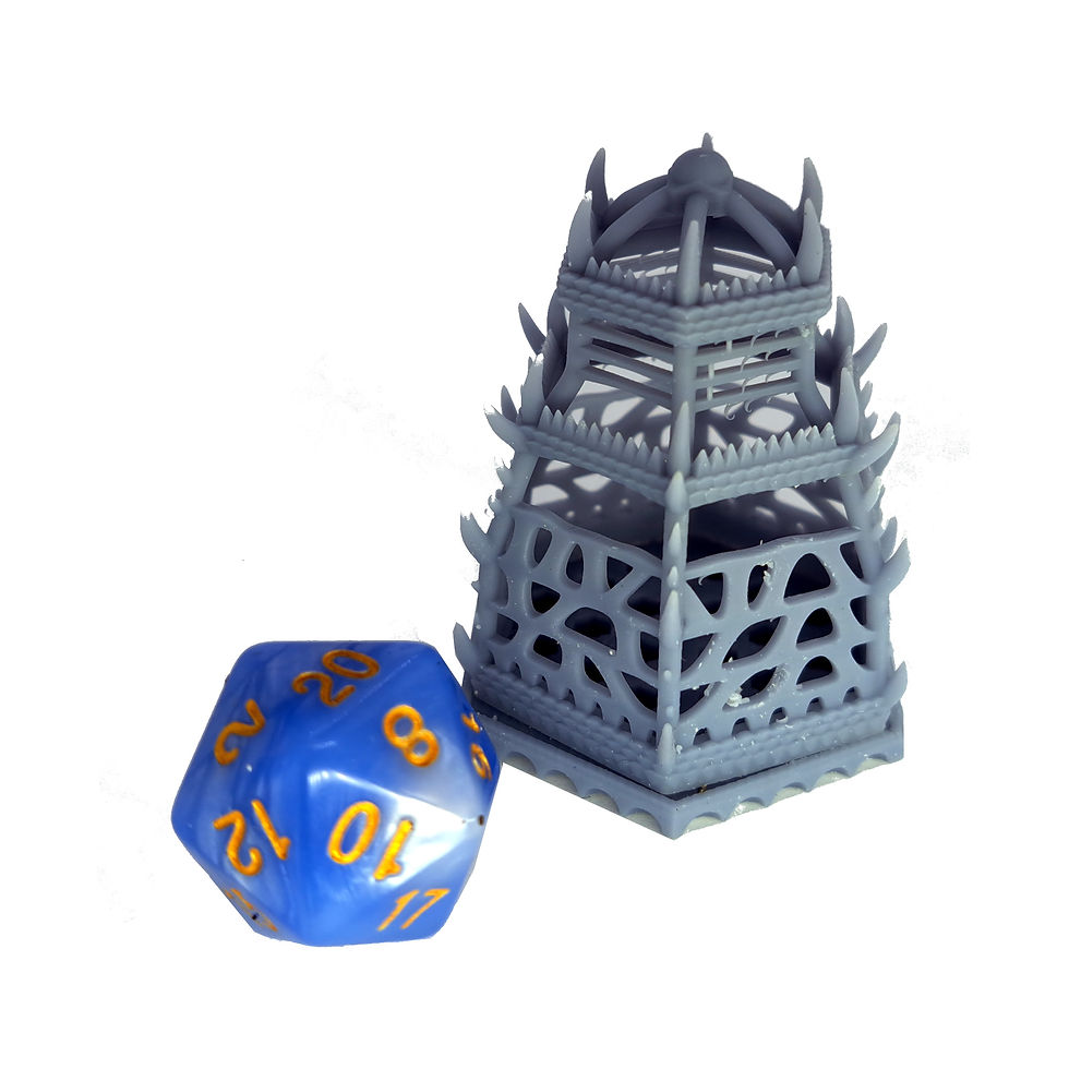 Thumbnail: Blue D20 die and gray D&D tabletop terrain