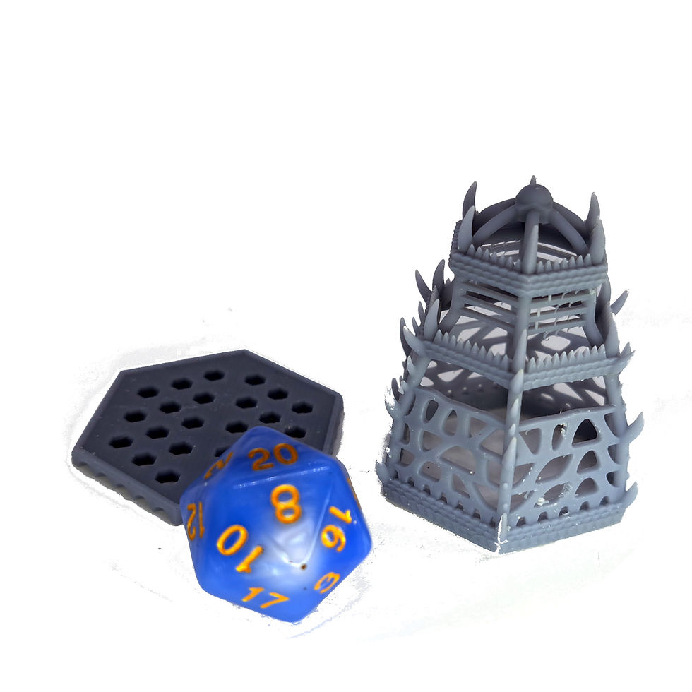 Thumbnail: Blue d20 die with gray tabletop terrain pieces