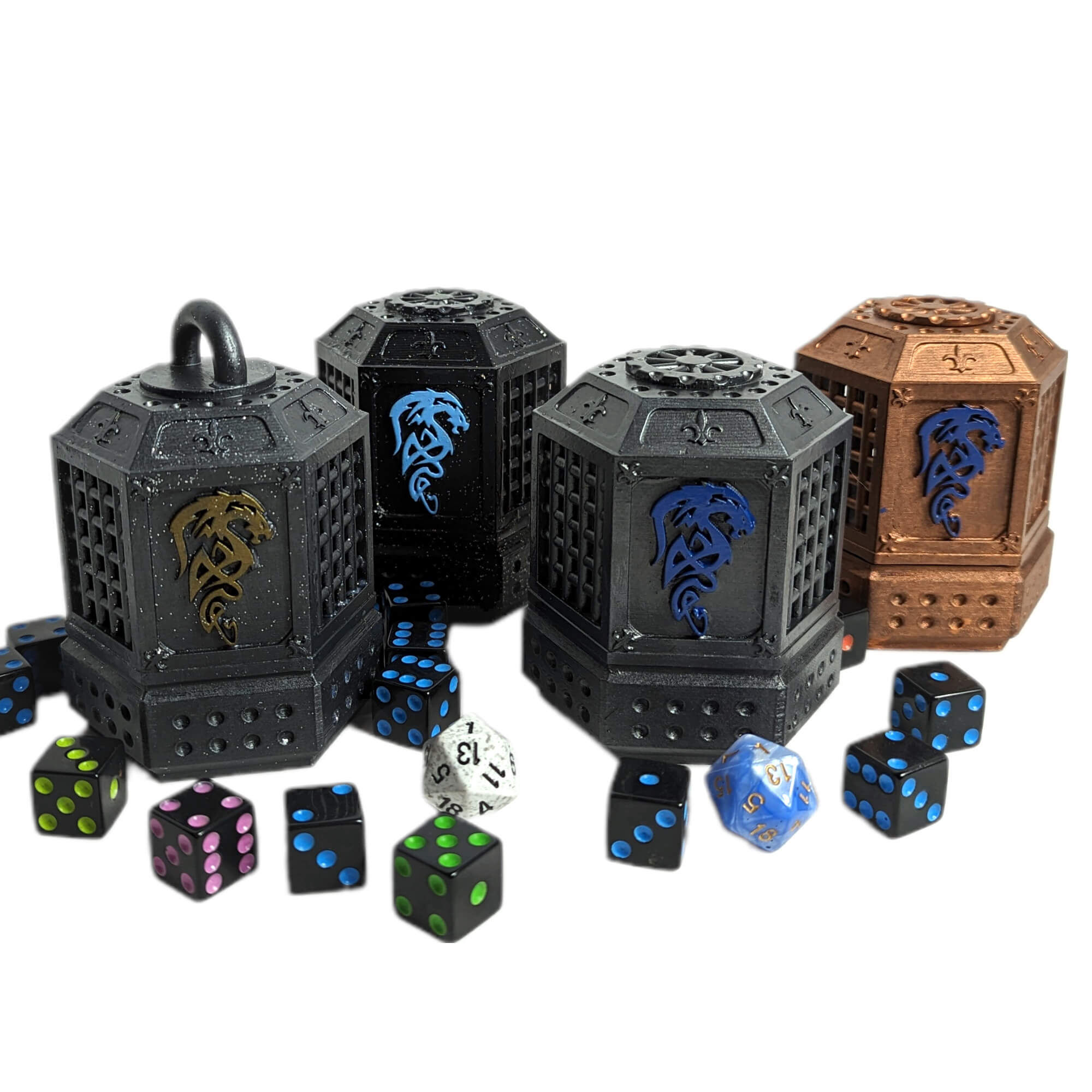 Novelty dice jails/cages for Dungeons and Dragons.