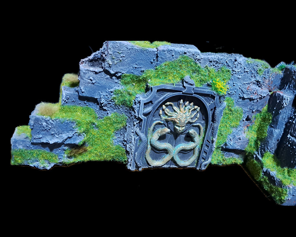 Work in progress of a snake/medusa themed ruined temple. Using a mixture of XPS foam and resin printed parts (from Mystic Pigeon Gaming).