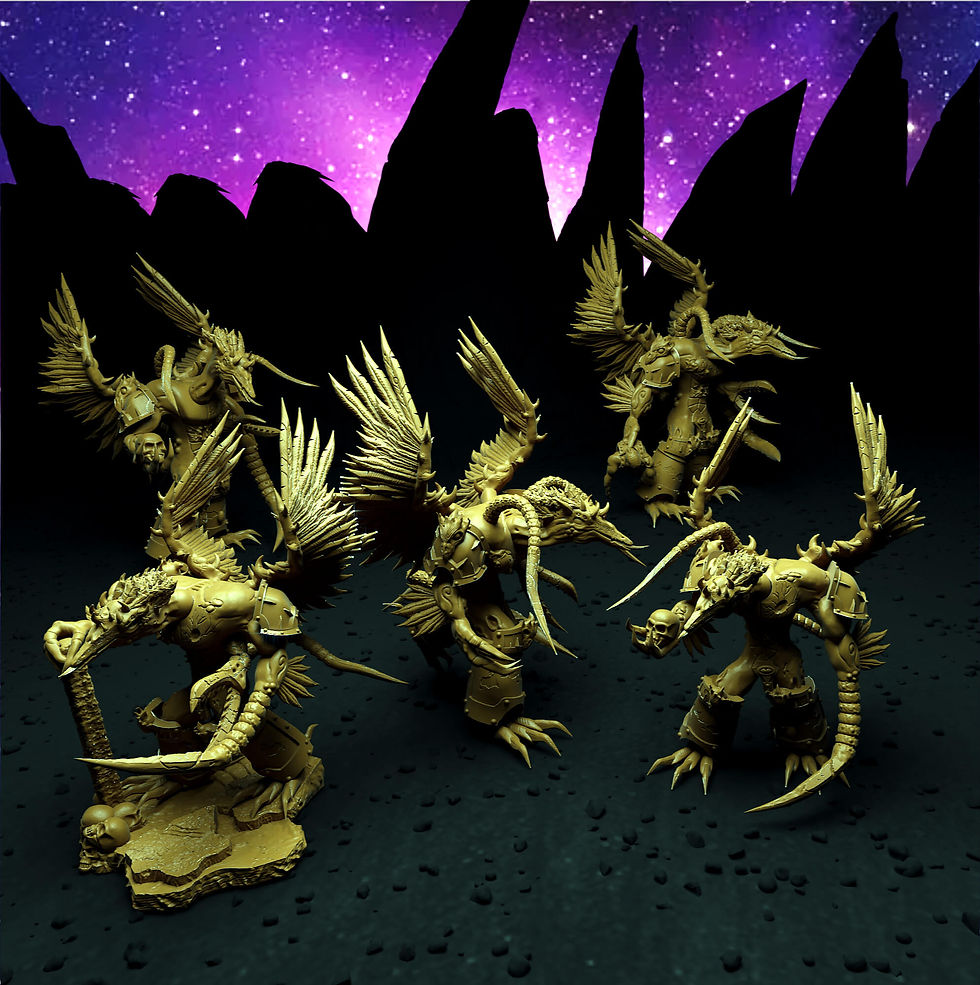 Thumbnail: Avian themed chaos spawn proxy miniatures from Mystic Pigeon Gaming