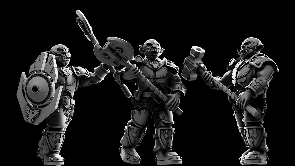 Thumbnail: Fantasy orc knight in plate armor with a selection of weapons, including a two handed hammer, two handed axe, and shield.