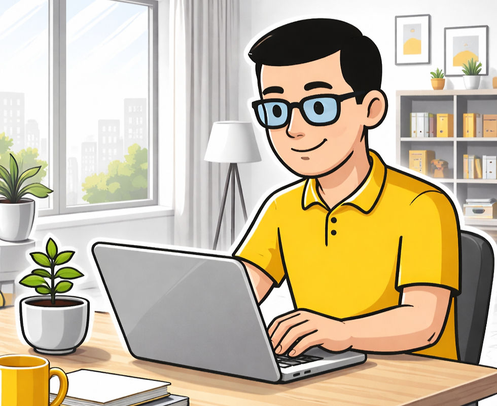 Illustration of a person in a yellow shirt using a laptop at a desk. Bright room with large window, plants, and shelves. Calm and focused mood.
