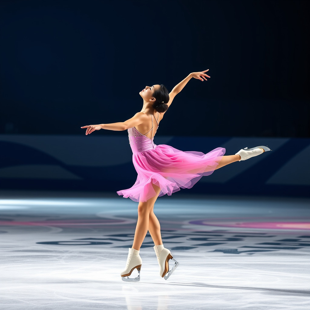 olympic female skater, very slightly asian, wearing a gorgeous pink skating dress, in a l