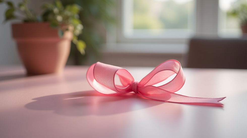 Eye-level view of a pink ribbon displayed on a table
