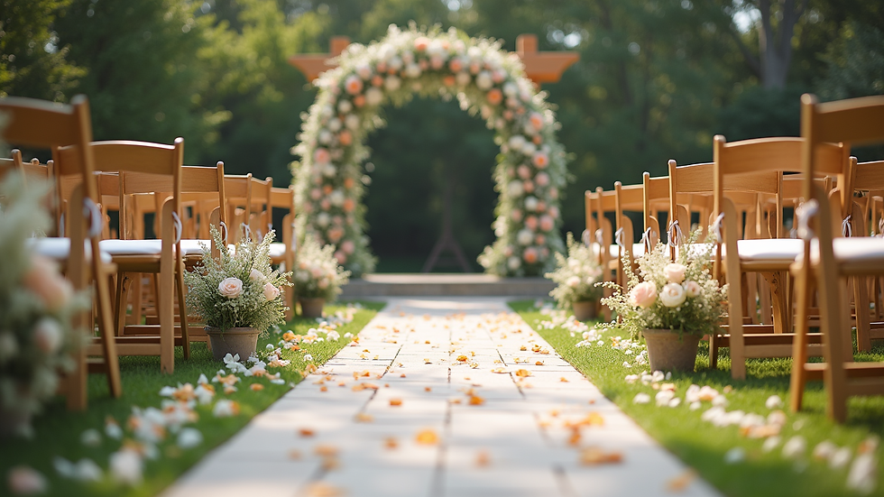 Eye-level view of a serene outdoor ceremony setup with floral decorations