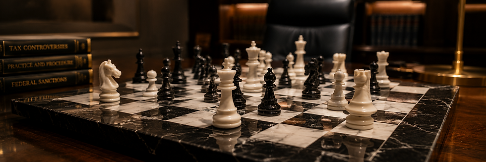 Close-up of a modern marble chessboard in mid-play, representing litigation risk, strategic positioning, and settlement analysis in IRS Appeals.