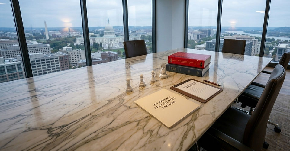 A wide-screen, high-end photograph of a marble conference table in a law office overlooking the Washington D.C. skyline and U.S. Capitol. The table features an executive folder labeled 'IRS Appeals Proceedings Timeline,' a diagonal progression of white marble chess pawns leading to a knight, and stacked legal volumes including a bright red copy of Mergers, Acquisitions, and Buyouts.