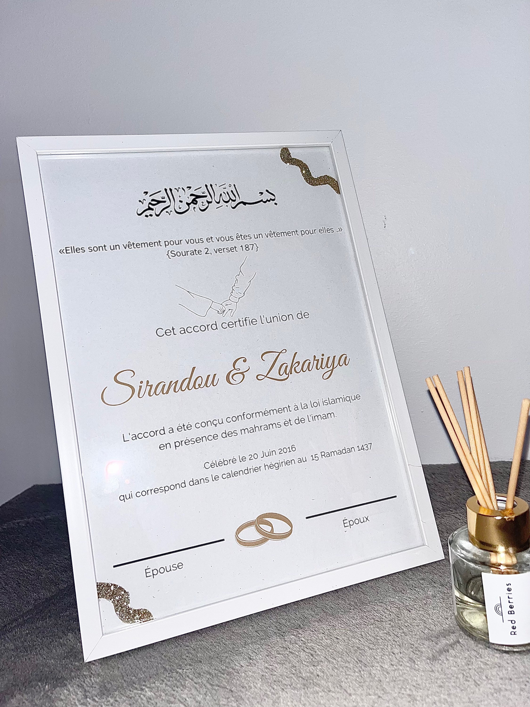 Cadre certificat de mariage religieux seul