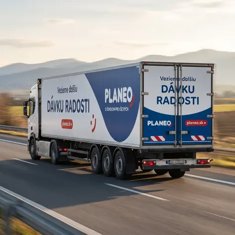 Veľkoplošný reklamný polep nákladného kamióna PLANEO počas jazdy po ceste.