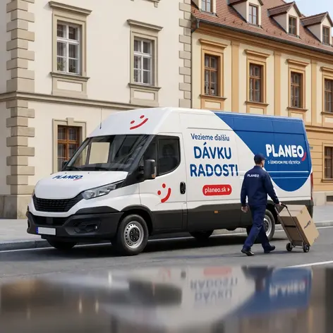 Reklamný polep doručovacej dodávky PLANEO a kuriér doručujúci balík v meste.