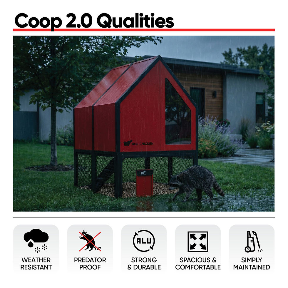 RUN-CHICKEN Coop 2.0 in a backyard during rain with a raccoon nearby, highlighting weather resistance and predator-proof design, with infographics for durability, comfort, and easy maintenance.