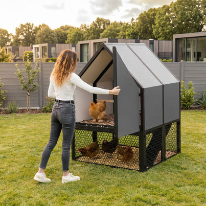 Woman opening the wing access door of the RUN-CHICKEN Coop 2.0 to access the interior of the coop, showing modern, elevated structure, slatted floor, and chickens inside and in the run area under the coop.