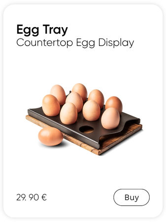 Run-Chicken egg tray, featuring black aluminum top part and wooden (oak) bottom part, displaying 12 eggs, priced at 29.90 EUR