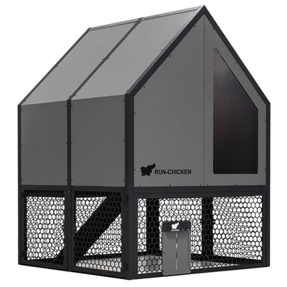 Front view of RUN-CHICKEN Coop 2.0 in gray with black aluminum frame, perforated aluminum mesh run, and integrated automatic chicken door.