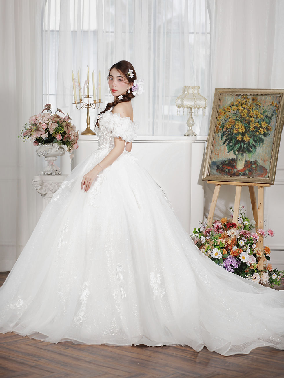 Thumbnail: Laihiala - Deep V Big Flowers Offshoulder Shimmer Skirt Ballgown
