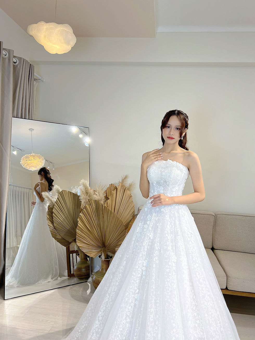 Thumbnail: Hannah Offshoulder Straight Cut Full Floral Lace Details Aline