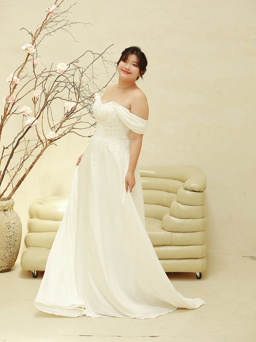 Thumbnail: Zaria – Off-Shoulder Lace Bodice A-Line Wedding Dress with Draped Sleeves