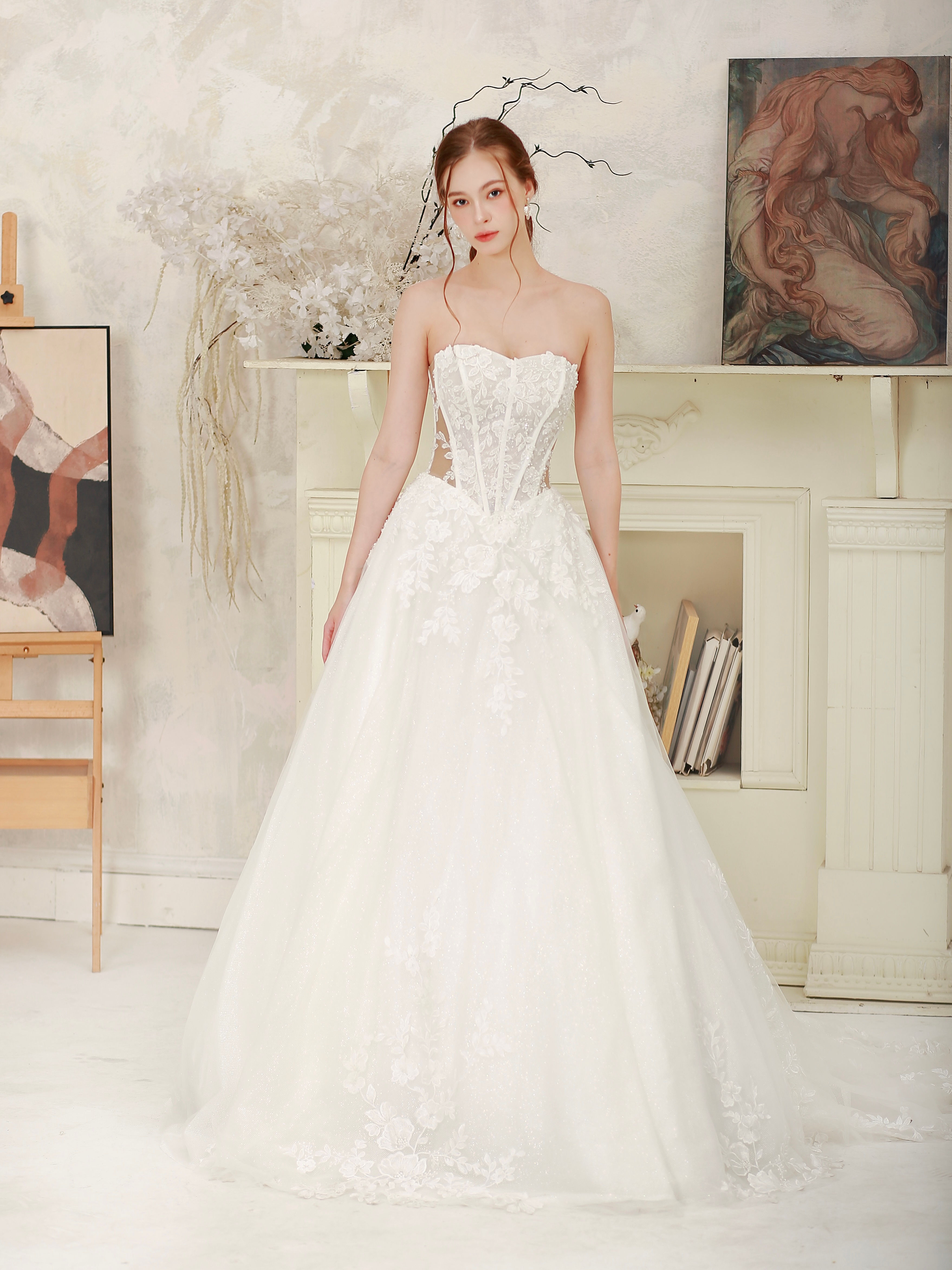 Wendelin - See-through Empire Waist Lace Shimmer Aline