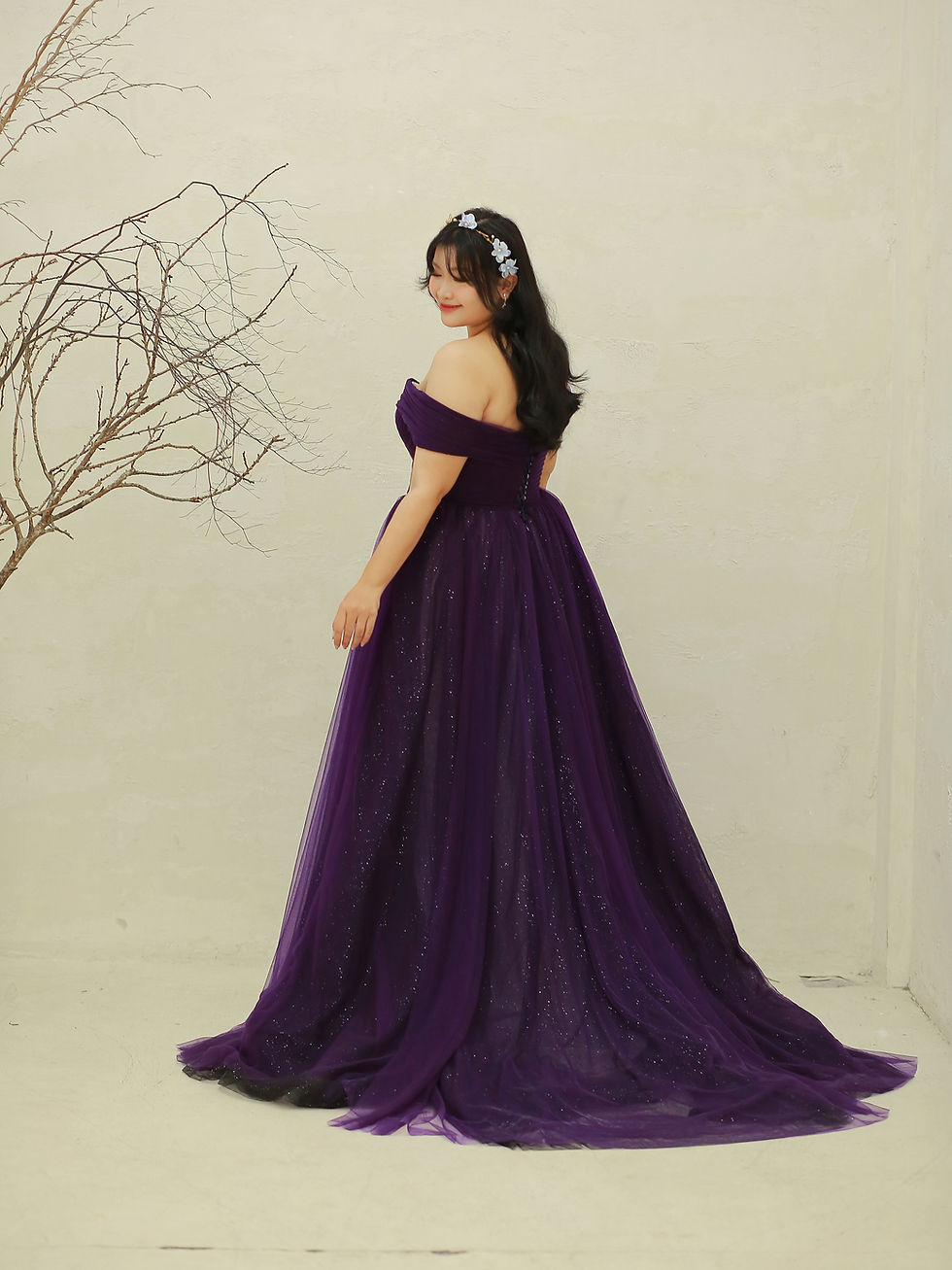 Thumbnail: Sarina – Dark Purple Off-Shoulder A-Line Gown with Sparkling Tulle