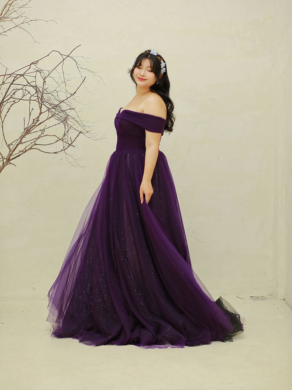 Thumbnail: Sarina – Dark Purple Off-Shoulder A-Line Gown with Sparkling Tulle