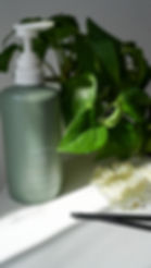 Green pump bottle with botanical leaves and textured product