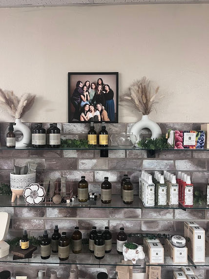 Product display with family photo and pampas grass