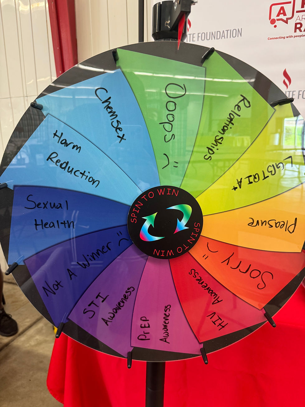 Spin the Wheel Trivia game at the AR RAPPS event, featuring topics like ChemSex, Harm Reduction, and Sexual Health, engages participants in awareness and education activities.