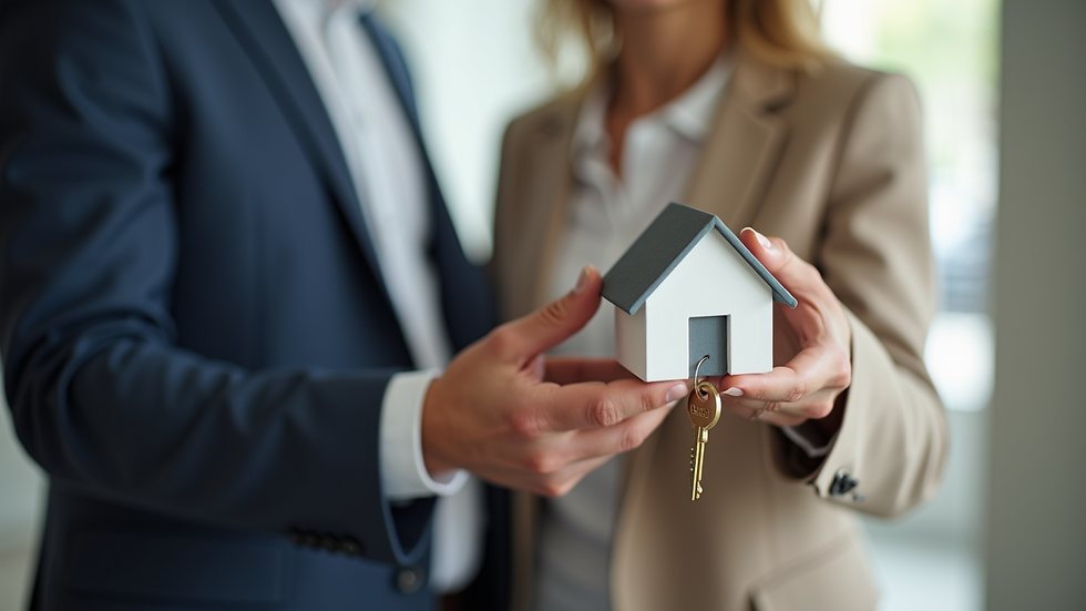 Close-up view of a real estate agent showing a house key to a buyer