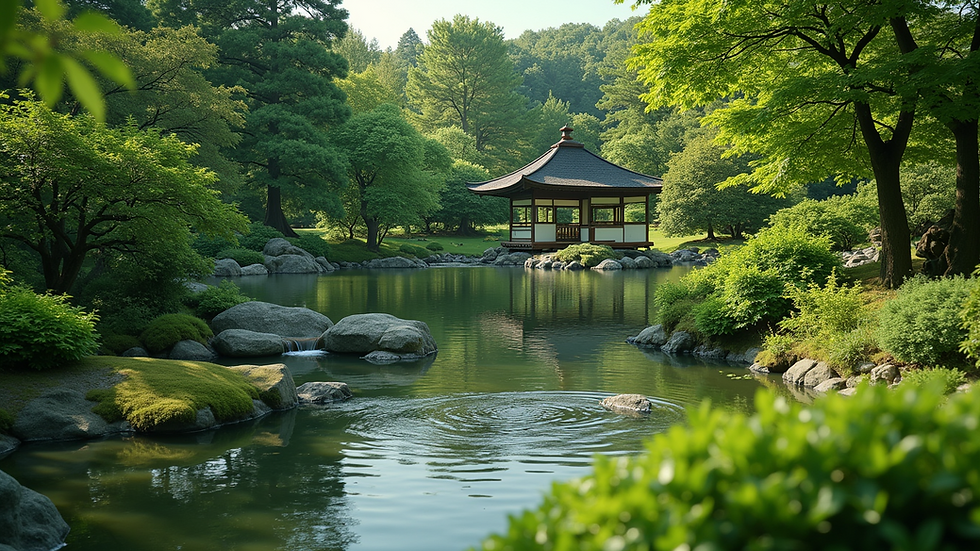 Eye-level view of a serene Japanese garden with a tranquil pond