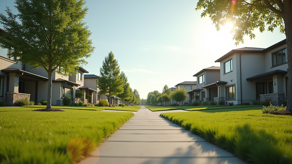 Eye-level view of a suburban neighborhood with modern homes and green lawns
