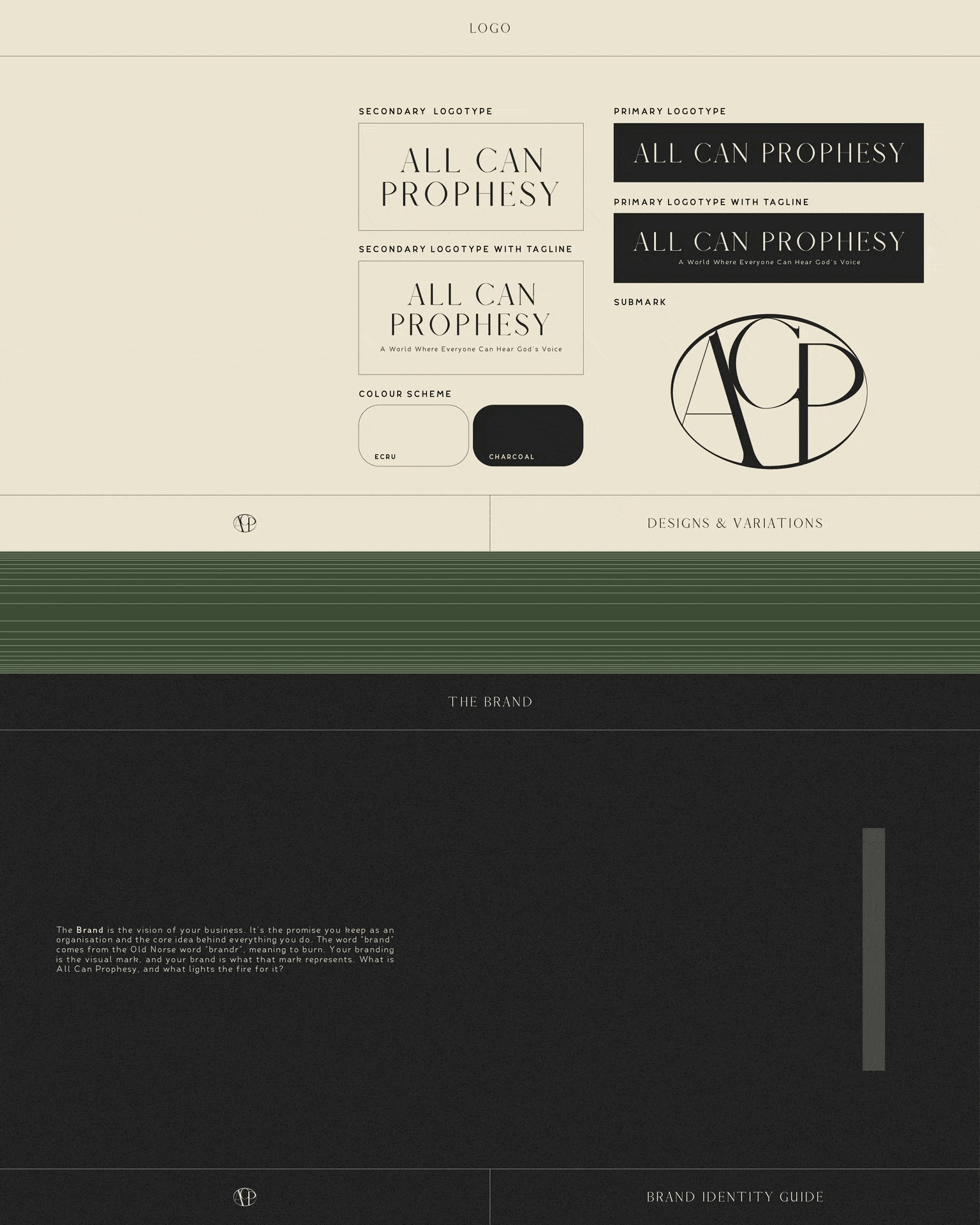 An excerpt of the ACP brand guide; featuring logo variations & brand guide description.