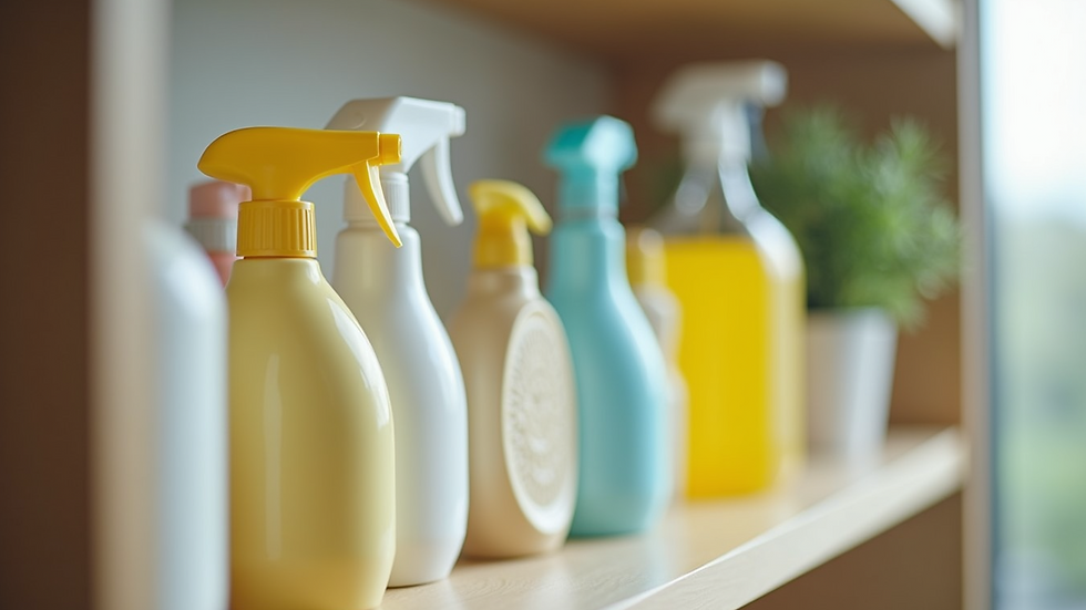 Close-up view of eco-friendly cleaning supplies arranged neatly on a shelf